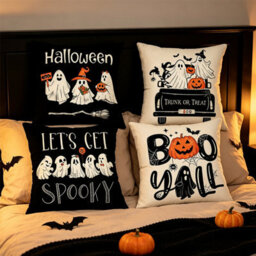 CLEFFNS Halloween Throw Pillows Set Of 4, 18 X 18 Inch Spooky Ghost Decorative Pillowcase, Soft Black White Accent Cushions For Sofa, Bed - thumbnail 7