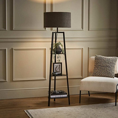 Valuelights Hiru Black 3 Tier Shelf Floor Lamp With Charcoal Boucle Shade - image 1