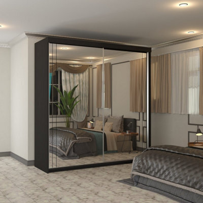 Sliding Wardrobes 4 u LTD Modern Full Mirror Sliding Wardrobe With Led Light & Contemporary Design Black 200Cm - image 1
