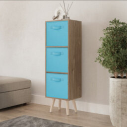 Urbn-Living Urbnliving 80Cm Height 3 Tier Oak Wooden Storage Bookcase Scandinavian Style Pine Legs With Sky Blue Inserts