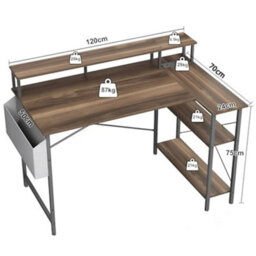 Bexevue Dark Walnut L Shaped 120X70Cm Led Computer Gaming Desk With Power Outlets Shelves And Storage Bag - thumbnail 6
