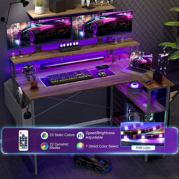 Bexevue Dark Walnut L Shaped 120X70Cm Led Computer Gaming Desk With Power Outlets Shelves And Storage Bag - thumbnail 3