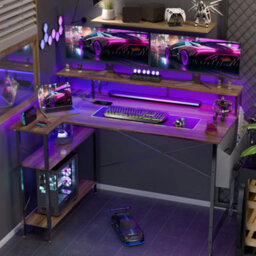 Bexevue Dark Walnut L Shaped 120X70Cm Led Computer Gaming Desk With Power Outlets Shelves And Storage Bag - thumbnail 2