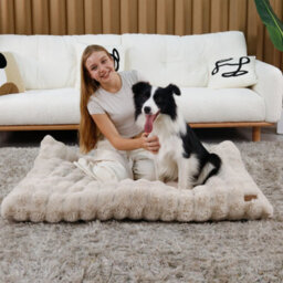 Bingopaw 130Cm Dog Bed Pet Calming Cushion Mat Washable Soft Warm Plush Mattress, Khaki Beige