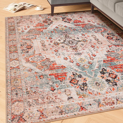 Loomed Beige Grey Distressed Vintage Washable Living Room Area Rug 160Cm X 230Cm - image 1