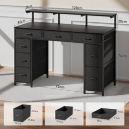Precision Synergie Computer Desk With 8 Fabric Drawers, 120X50Cm Home Office Desk With Led & Power Outlets, Black - thumbnail 3