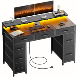 Precision Synergie Computer Desk With 8 Fabric Drawers, 120X50Cm Home Office Desk With Led & Power Outlets, Black - thumbnail 1