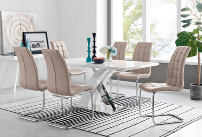 Furniturebox Uk Atlanta Modern Rectangle Chrome Metal High Gloss White Dining Table And 6 Cappuccino Beige Murano Chairs Set - image 1