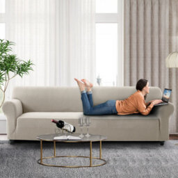 Ameha Spandex Sofa Cover Elasticated Bottom Luxury Living Room Beige 4 Seater 235 X 300 Cm Stretch Sofa Pet Protector - thumbnail 3