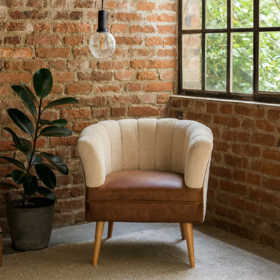 Wyld Haus Olbia Cream Bouclé Armchair With Buffalo Leather Seat & Mango Wood Legs - image 1