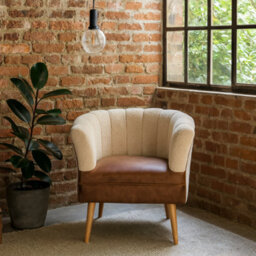 Wyld Haus Olbia Cream Bouclé Armchair With Buffalo Leather Seat & Mango Wood Legs