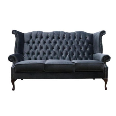 Chesterfield 3 Seater High Back Sofa Amalfi Charcoal Black Velvet Fabric In Queen Anne Style - image 1