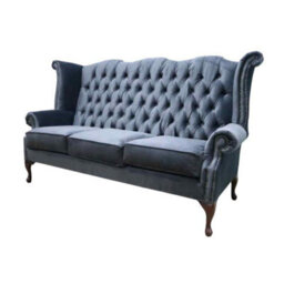 Chesterfield 3 Seater High Back Sofa Amalfi Charcoal Black Velvet Fabric In Queen Anne Style - thumbnail 3