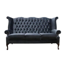 Chesterfield 3 Seater High Back Sofa Amalfi Charcoal Black Velvet Fabric In Queen Anne Style - thumbnail 1
