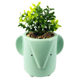 Leaf 20Cm Ceramic Blue Elephant Planter With Artificial Foliage Plant