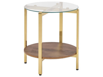 Wyld And Coco Gold Side Table With Tempered Glass Top And Wood-Knot Shelf, Diameter 50 Cm - image 1