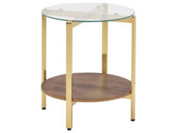 Wyld And Coco Gold Side Table With Tempered Glass Top And Wood-Knot Shelf, Diameter 50 Cm - thumbnail 1