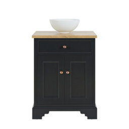 Homestylestore 645mm Black Grey And Oak Bathroom Vanity Unit With Round Countertop Basin And Bronze Round Handles - thumbnail 2