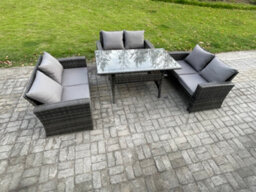 Fimous 6 Seater Rattan Wicker Garden Furniture Patio Conservatory Sofa Set Indoor Outdoor With Dining Table For Balcony