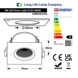 Long Life Lamps Company 3W Adjustable Square Led Recessed Ceiling Downlight 4000K Cls2 - thumbnail 2