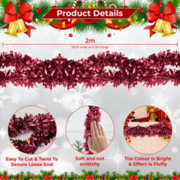 Neel Blue 2M X 9Cm Soft & Bright Christmas Tinsel Garland For Xmas Tree & Home Decorations, Burgundy - thumbnail 2