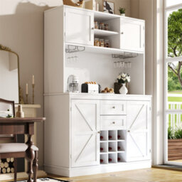 Abrihome Kitchen Cabinet With 4 Doors, 2 Drawers, Wine Rack & Adjustable Shelves In White