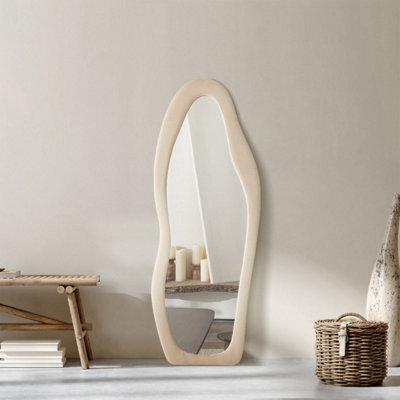 Living And Home Irregular Wavy Full Length Floor Mirror Soft Fleece Frame Modern Aesthetic Leaning Body Mirror - image 1