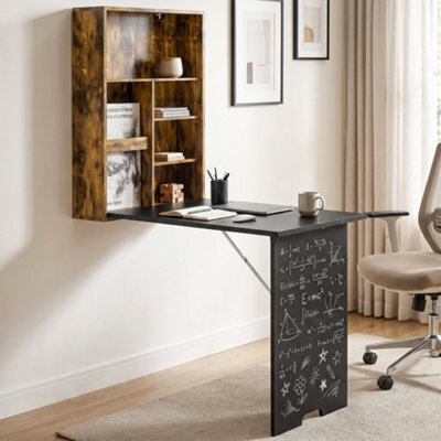 Homcom Folding Wall-Mounted Drop-Leaf Table Chalkboard Shelf Rustic Brown - image 1