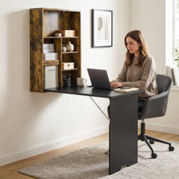 Homcom Folding Wall-Mounted Drop-Leaf Table Chalkboard Shelf Rustic Brown - thumbnail 9
