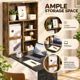 Homcom Folding Wall-Mounted Drop-Leaf Table Chalkboard Shelf Rustic Brown - thumbnail 5