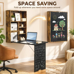 Homcom Folding Wall-Mounted Drop-Leaf Table Chalkboard Shelf Rustic Brown - thumbnail 6