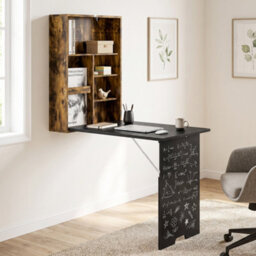 Homcom Folding Wall-Mounted Drop-Leaf Table Chalkboard Shelf Rustic Brown - thumbnail 2