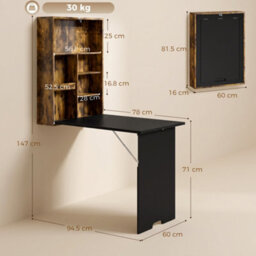 Homcom Folding Wall-Mounted Drop-Leaf Table Chalkboard Shelf Rustic Brown - thumbnail 3