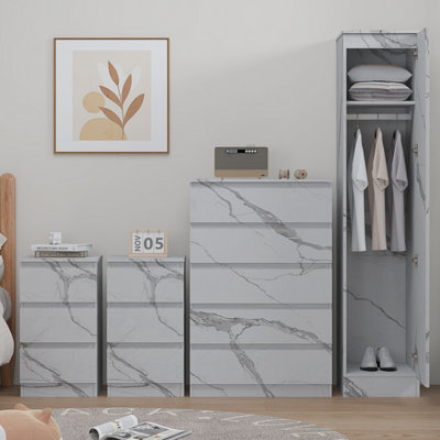 Zita 4Pc White Marble Effect Bedroom Set - 1-Door Wardrobe, Tall Chest & 2 Bedside Tables, Stylish Modern Storage Furniture - image 1