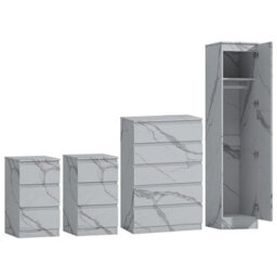 Zita 4Pc White Marble Effect Bedroom Set - 1-Door Wardrobe, Tall Chest & 2 Bedside Tables, Stylish Modern Storage Furniture - thumbnail 7