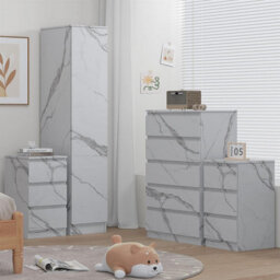 Zita 4Pc White Marble Effect Bedroom Set - 1-Door Wardrobe, Tall Chest & 2 Bedside Tables, Stylish Modern Storage Furniture - thumbnail 2