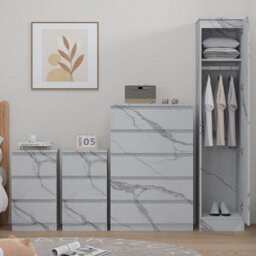 Zita 4Pc White Marble Effect Bedroom Set - 1-Door Wardrobe, Tall Chest & 2 Bedside Tables, Stylish Modern Storage Furniture