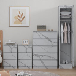 Zita 4Pc White Marble Effect Bedroom Set - 1-Door Wardrobe, Tall Chest & 2 Bedside Tables, Stylish Modern Storage Furniture - thumbnail 4