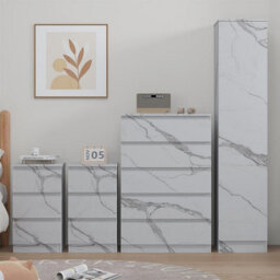 Zita 4Pc White Marble Effect Bedroom Set - 1-Door Wardrobe, Tall Chest & 2 Bedside Tables, Stylish Modern Storage Furniture - thumbnail 3