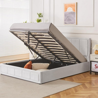 Silver Plush Velvet 4Ft6 Double Bed Frame With Gas Lift Storage & Vertical Liner Design