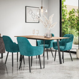 More4Homes Haydon Extending Dining Table And Chairs -  Oak Effect Table Top W Black Legs + Anika Velvet Dining Chair Set Of 6 (Blue)