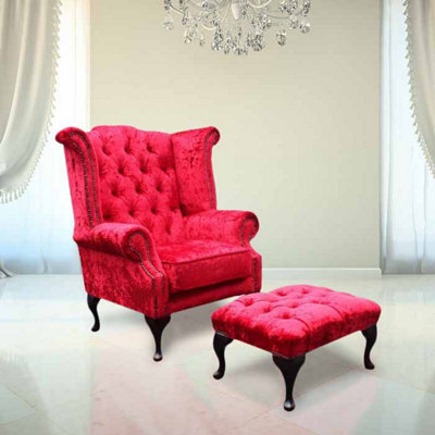 Chesterfield High Back Wing Chair + Footstool Plush Red Velvet In Queen Anne Style - image 1