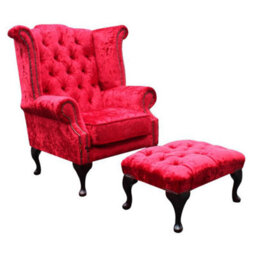 Chesterfield High Back Wing Chair + Footstool Plush Red Velvet In Queen Anne Style - thumbnail 2