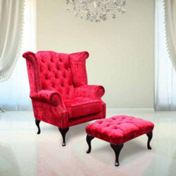 Chesterfield High Back Wing Chair + Footstool Plush Red Velvet In Queen Anne Style - thumbnail 1