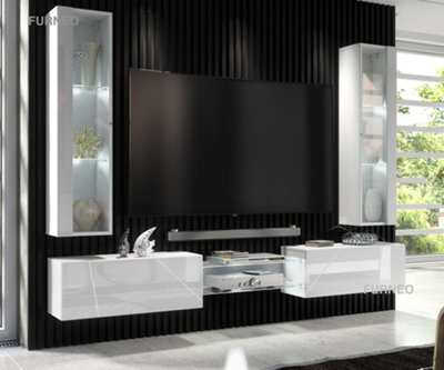 Furneo White Floating Tv Unit High Gloss Matt Living Room Set Display Cabinets Art 01/02 White Led Lights - image 1