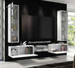 Furneo White Floating Tv Unit High Gloss Matt Living Room Set Display Cabinets Art 01/02 White Led Lights - thumbnail 2
