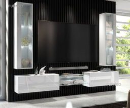 Furneo White Floating Tv Unit High Gloss Matt Living Room Set Display Cabinets Art 01/02 White Led Lights - thumbnail 1