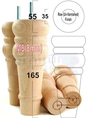 L&F 4 Replacement Furniture Feet Raw Turned Wooden Legs 165mm High Settee Chairs Sofas Footstools M8 (8mm) Tsp2071 - image 1