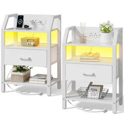 Led Bedside Table Set Of 2 With Charging Station & Fabric Drawer, Modern Bedside Cabinet For Bedroom, White - image 1