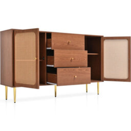 Abrihome Rattan Sideboard Cabinet For Living Room, Chest Of Drawers, Sideboard With 2 Doors And 3 Drawers, Walnut -90H/150W/40D Cm - thumbnail 5